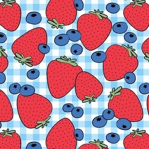 Summer days in the park - retro fruit picnic with forest fruits strawberries and blueberries blue red 