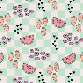 Quirky summer picnic - nineties watermelon berries and strawberry fruit on checker pink blush on mint 