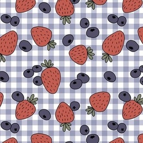 Messy fruit plaid - strawberry and blue berry summer garden vintage blue red 
