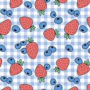 Messy fruit plaid - strawberry and blue berry summer garden vintage blue and faded red 