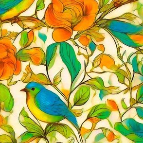 Romantic blue birds and orange flowers_upscale