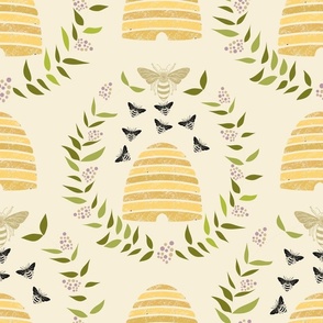 Honeybee Hives | Large version | gold bees, beehive, leaves and berry plants print