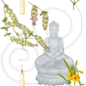 Meditation with Buddha, Candles, Lebanese Oregano, and Yellow Bell Flowers on White (Large Format)