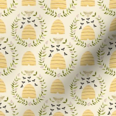 Honeybee Hives | Small version | gold bees, beehive, leaves and berry plants print