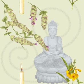 Meditation with Buddha, Candles, Lebanese Oregano, and Yellow Bell Flowers on Antique (Large Format)