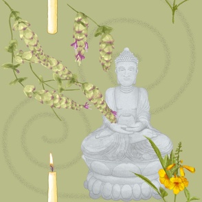 Meditation with Buddha, Candles, Lebanese Oregano, and Yellow Bell Flowers on Vintage (Large Format)
