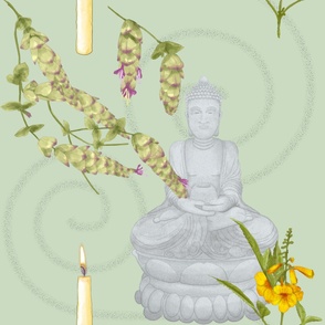 Meditation with Buddha, Candles, Lebanese Oregano, and Yellow Bell Flowers on Matcha (Large Format)