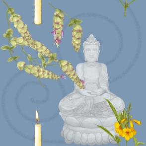 Meditation with Buddha, Candles, Lebanese Oregano, and Yellow Bell Flowers on Dusty Blue  (Large Format)