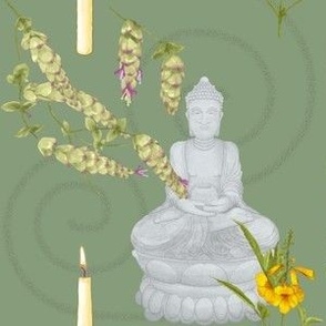 Meditation with Buddha, Candles, Lebanese Oregano, and Yellow Bell Flowers on Sage (Large Format)