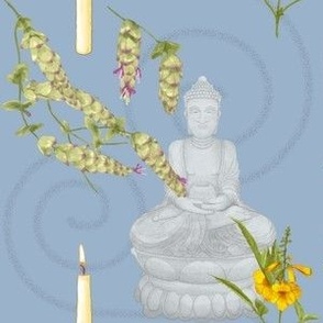Meditation with Buddha, Candles, Lebanese Oregano, and Yellow Bell Flowers on Antique Blue (Large Format)