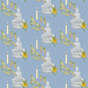 Meditation with Buddha, Candles, Lebanese Oregano, and Yellow Bell Flowers on Antique Blue (Small Format)