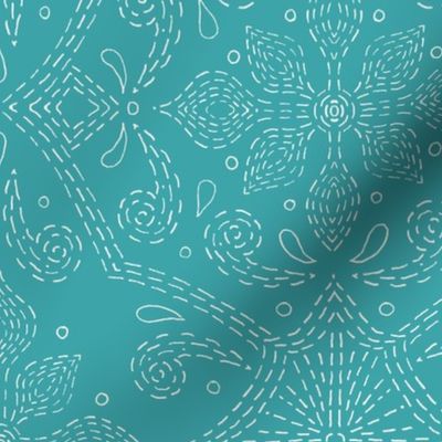 hand drawn floral damask linework, turquoise, white, large scale, bohemian, boho, flowers