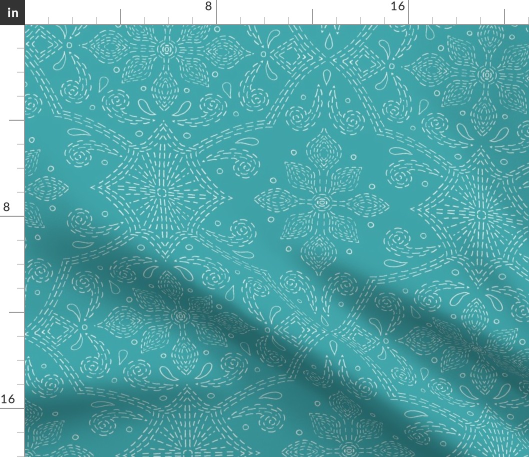 hand drawn floral damask linework, turquoise, white, large scale, bohemian, boho, flowers