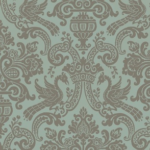 Taupe on Mint Gryphons Medieval Damask
