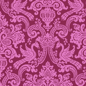 Pink on Raspberry Gryphons Medieval Damask