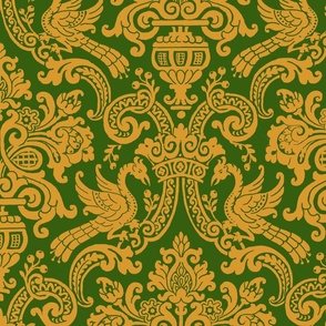 Gold on Green Gryphons Medieval Damask