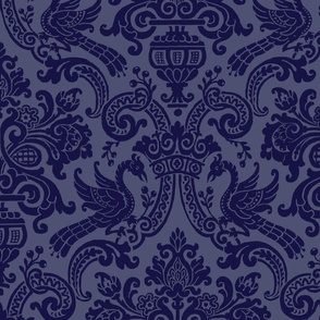 Navy on Periwinkle Gryphons Medieval Damask