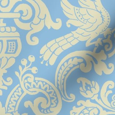 Cream on Ice Blue Medieval Gryphons Damask