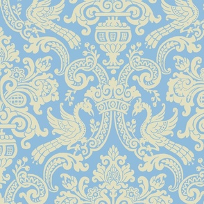 Cream on Ice Blue Medieval Gryphons Damask