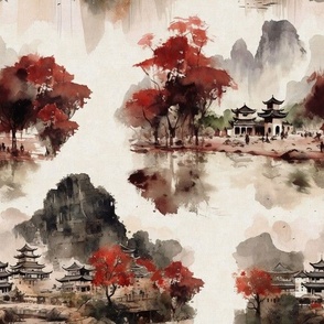 Chinese landscape ink red