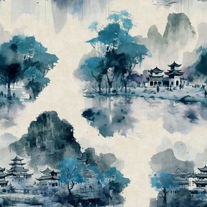 Chinese landscape ink blue