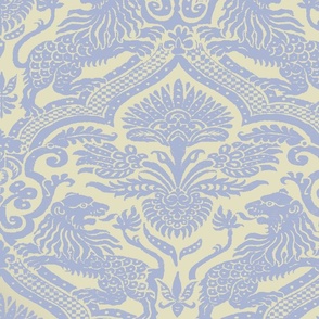 Cool Blue on Cream Medieval Lions Damask