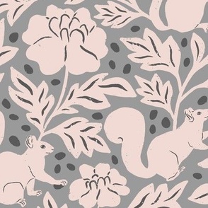 Woodland Squirrels and Acorns in Light Gray in a Canadian Meadow  | Small Version | Bohemian Style Pattern in the Woodlands