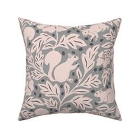 Woodland Squirrels and Acorns in Light Gray in a Canadian Meadow  | Medium Version | Bohemian Style Pattern in the Woodlands