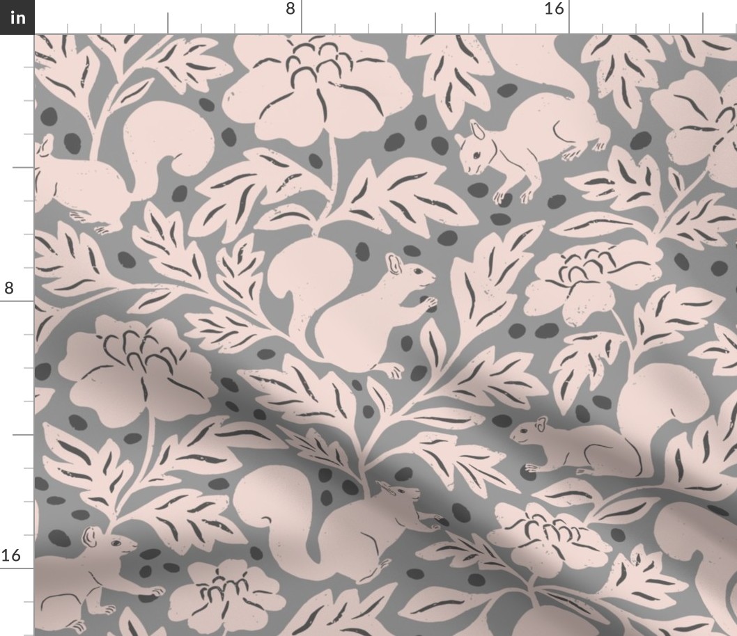 Woodland Squirrels and Acorns in Light Gray in a Canadian Meadow  | Medium Version | Bohemian Style Pattern in the Woodlands