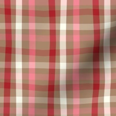 Scandinavian Woodland Groovy Check Plaid- Retro Christmas- Merry and Bright- Pink Red Tan Ivory Beige- Regular Scale