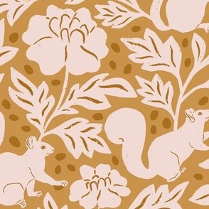 Woodland Squirrels and Acorns in Mustard Yellow in a Canadian Meadow  | Small Version | Bohemian Style Pattern in the Woodlands