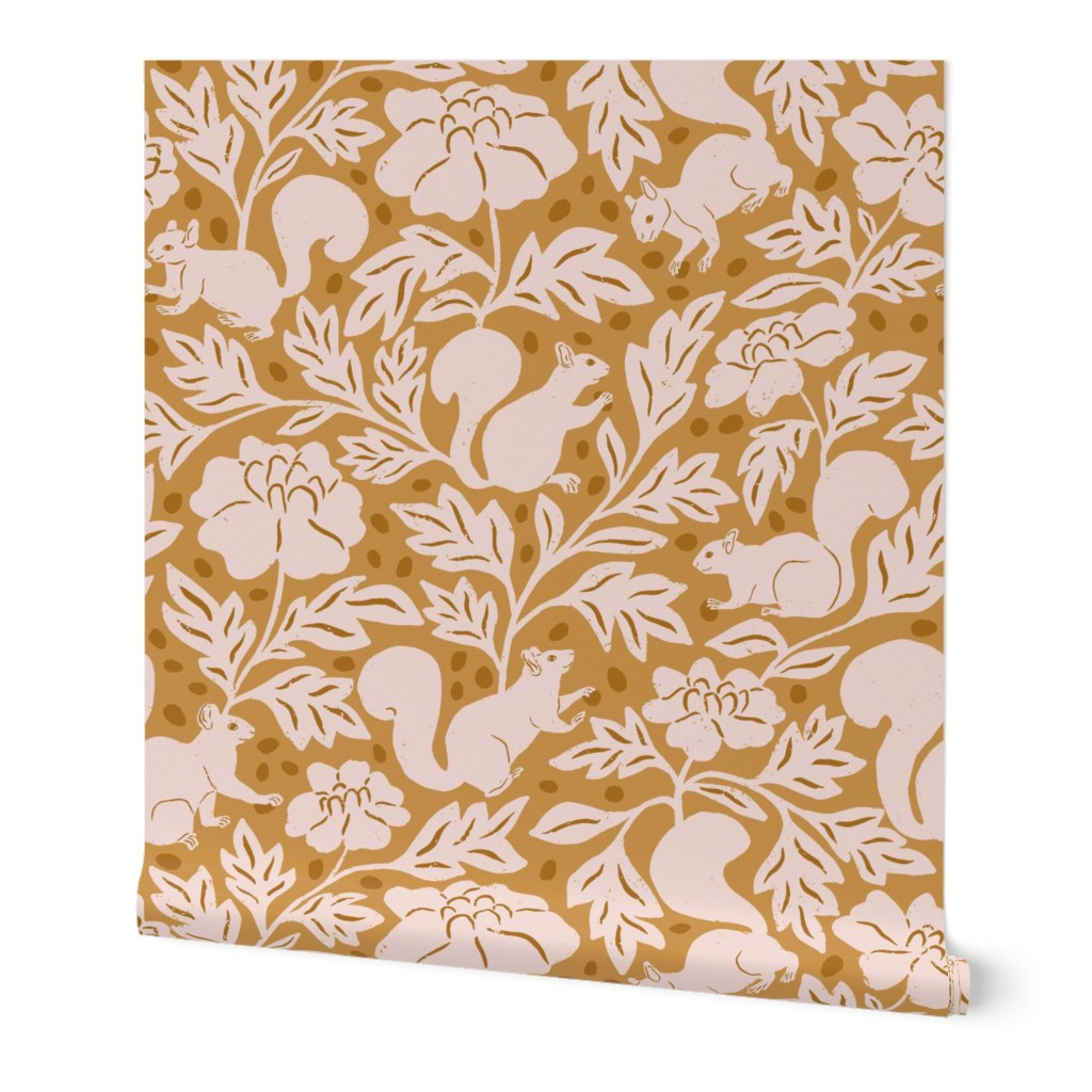 Woodland Squirrels and Acorns in Mustard Yellow in a Canadian Meadow  | Medium Version | Bohemian Style Pattern in the Woodlands
