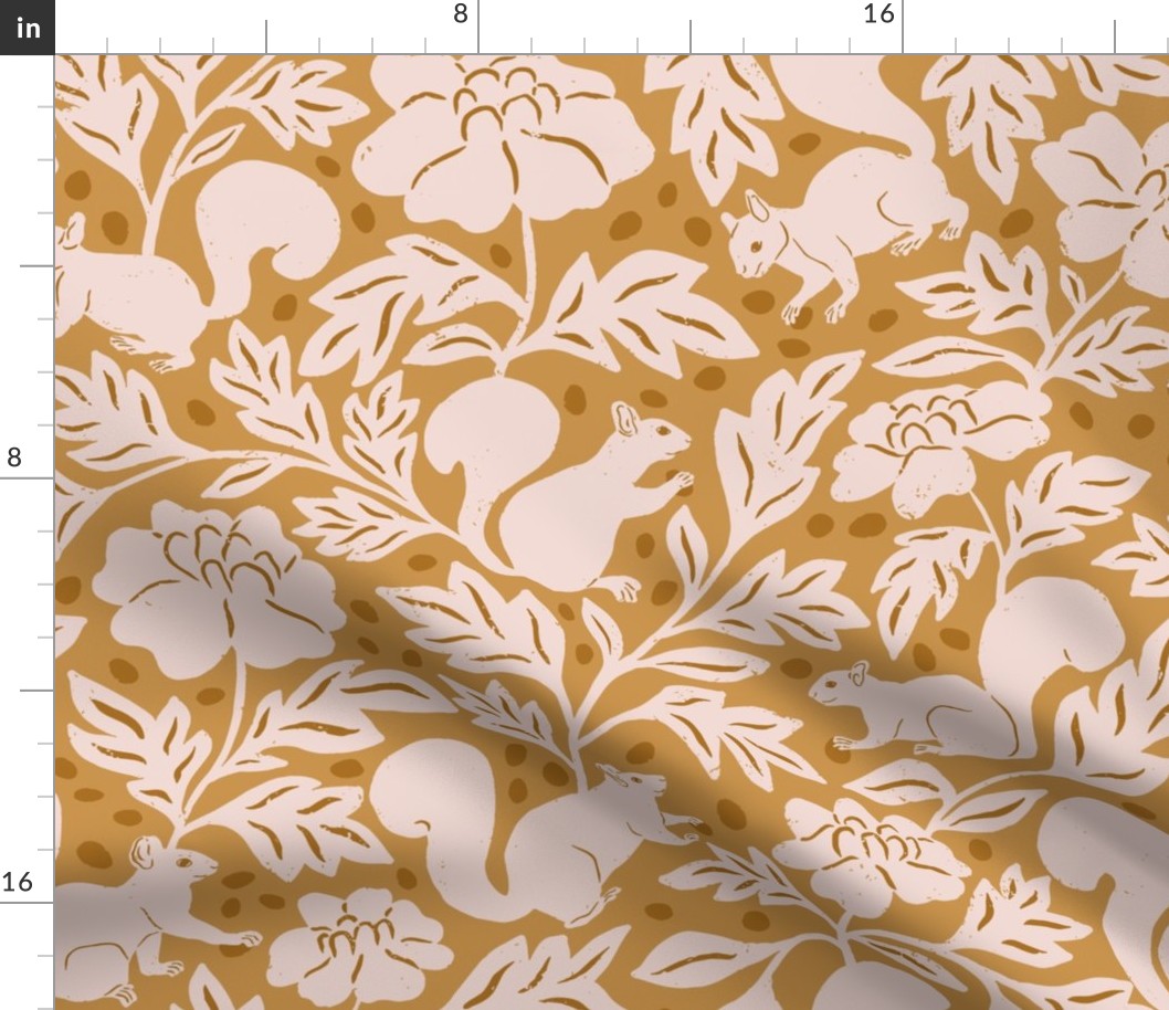 Woodland Squirrels and Acorns in Mustard Yellow in a Canadian Meadow  | Medium Version | Bohemian Style Pattern in the Woodlands