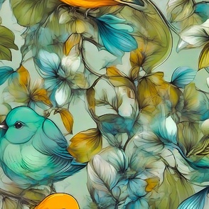 Green background withblue and yellow birds