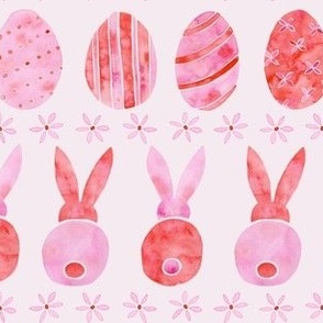 Easter Bunnies and Eggs | Watercolor | Pink and Red