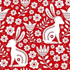 Medium Scale Easter Folk Flowers and Bunny Rabbits Spring Scandi Floral White on Poppy Red