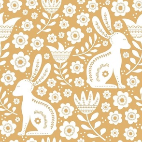 Large Scale Easter Folk Flowers and Bunny Rabbits Spring Scandi Floral White on Honey Gold
