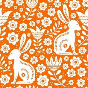 Large Scale Easter Folk Flowers and Bunny Rabbits Spring Scandi Floral White on Carrot Orange