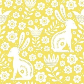 Medium Scale Easter Folk Flowers and Bunny Rabbits Spring Scandi Floral White on Buttercup Yellow