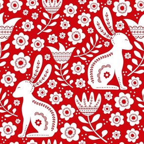 Large Scale Easter Folk Flowers and Bunny Rabbits Spring Scandi Floral White on Poppy Red