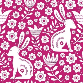 Large Scale Easter Folk Flowers and Bunny Rabbits Spring Scandi Floral White on Bubblegum Pink