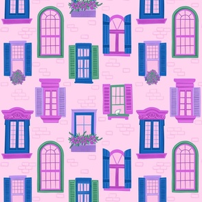 Whimsical Windows: Cat, Flowerboxes, and Pink Brick - Large Size 12x12
