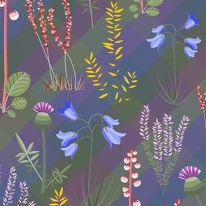 Midi - Modern Stylised Scottish Wildflowers - Thistle, Heather & Gorse with Green & Purple Tartan