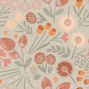 Whimsical doodle flowers in warm colors on a soft green background