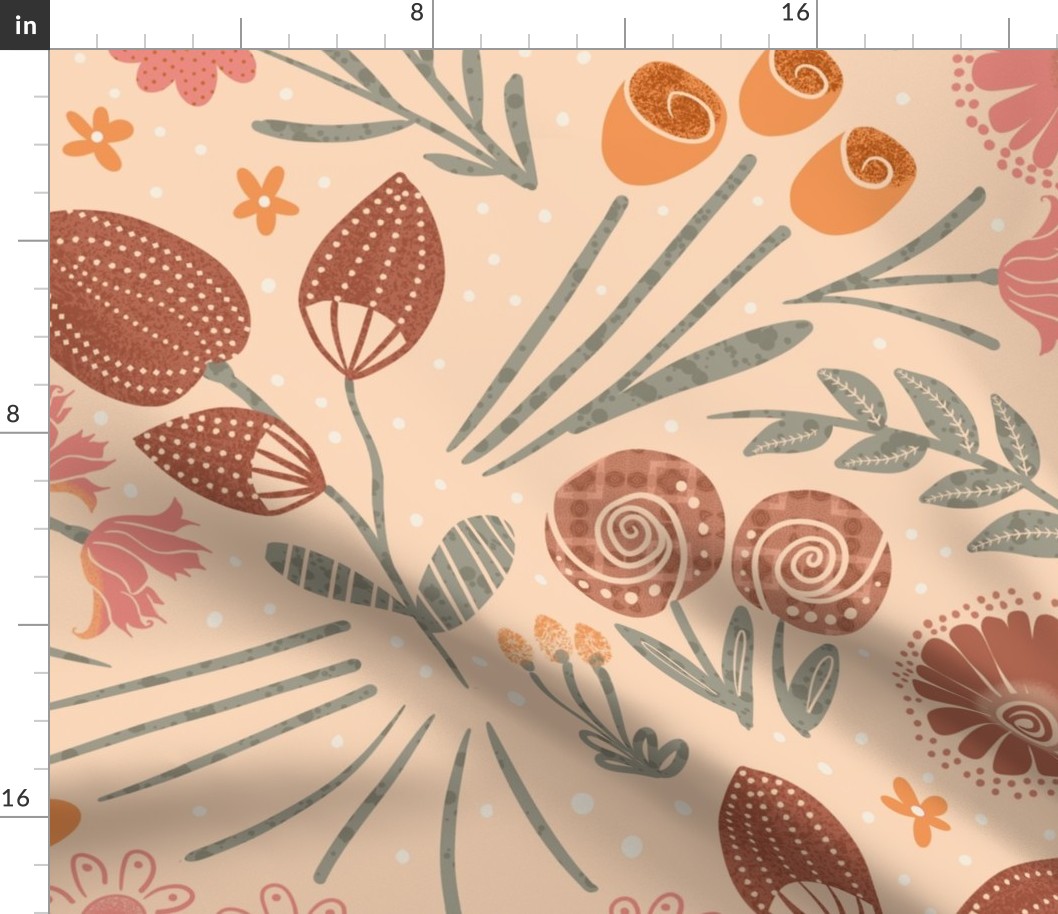 Whimsical doodle flowers in warm colors on a peach background