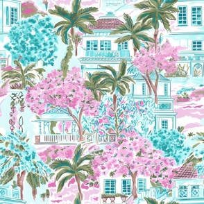 Tropical Terrace - Pink/Teal on White Wallpaper