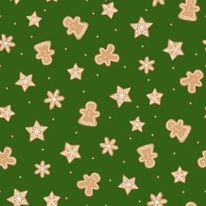 Christmas Gingerbread Man Star and Snowflake Cookies on a Green Background 6in Repeat