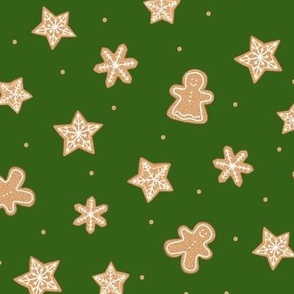 Christmas Gingerbread, Star and Snowflake Cookies on a Green Background 12in Repeat