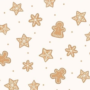 Christmas Gingerbread Man Star and Snowflake Cookies on a Neutral White Background 12in Repeat