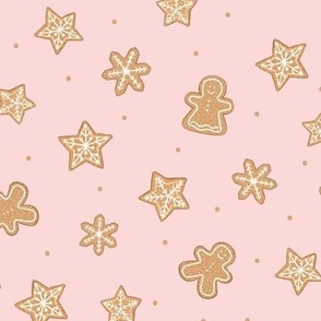 Christmas Gingerbread Ma,  Star and Snowflake Cookies on a Pink Background 12in Repeat